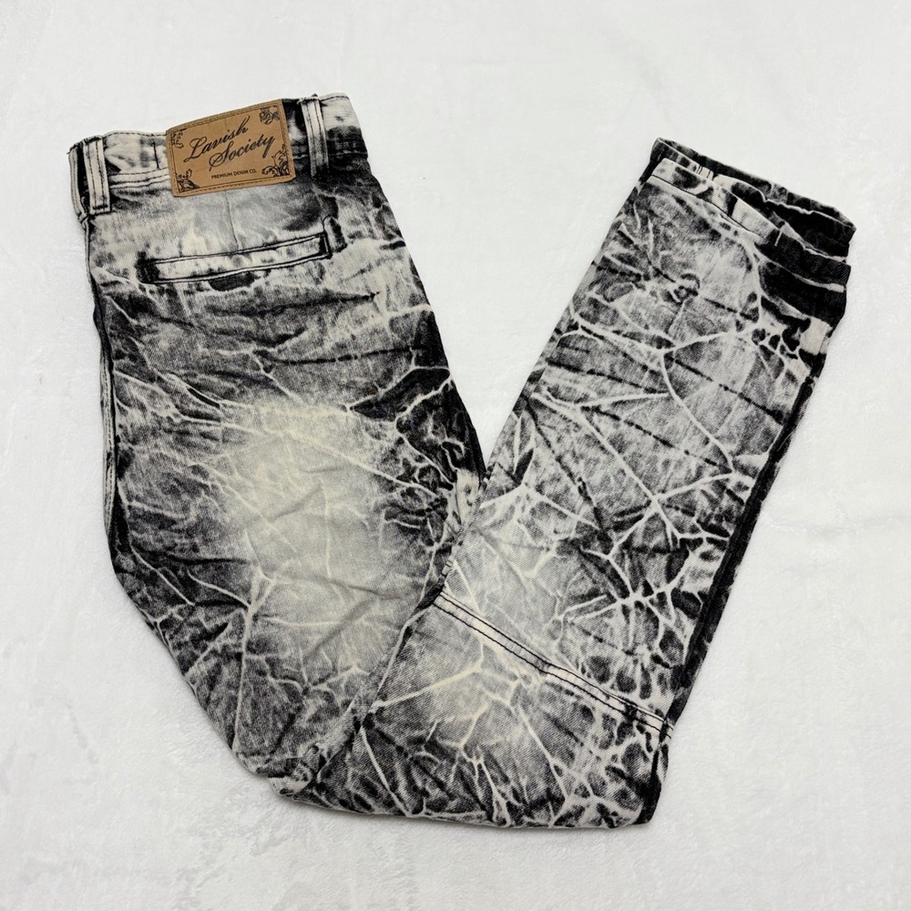 Lavish Society Black Acid Wash Moto Jeans Y2K Streetwear Grunge Slim 32x32